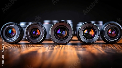 Camera lenses on wood table, dark background, photography equipment