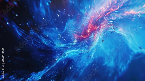 Abstract cosmic background with swirling blue and red hues and glowing particles, suitable for digital art and design, Copy Space photo