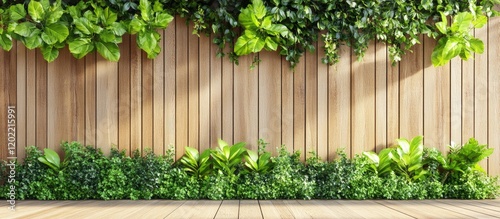 Fototapeta Naklejka Na Ścianę i Meble -  Wooden fence background with lush green foliage and plants on the ground Copy Space