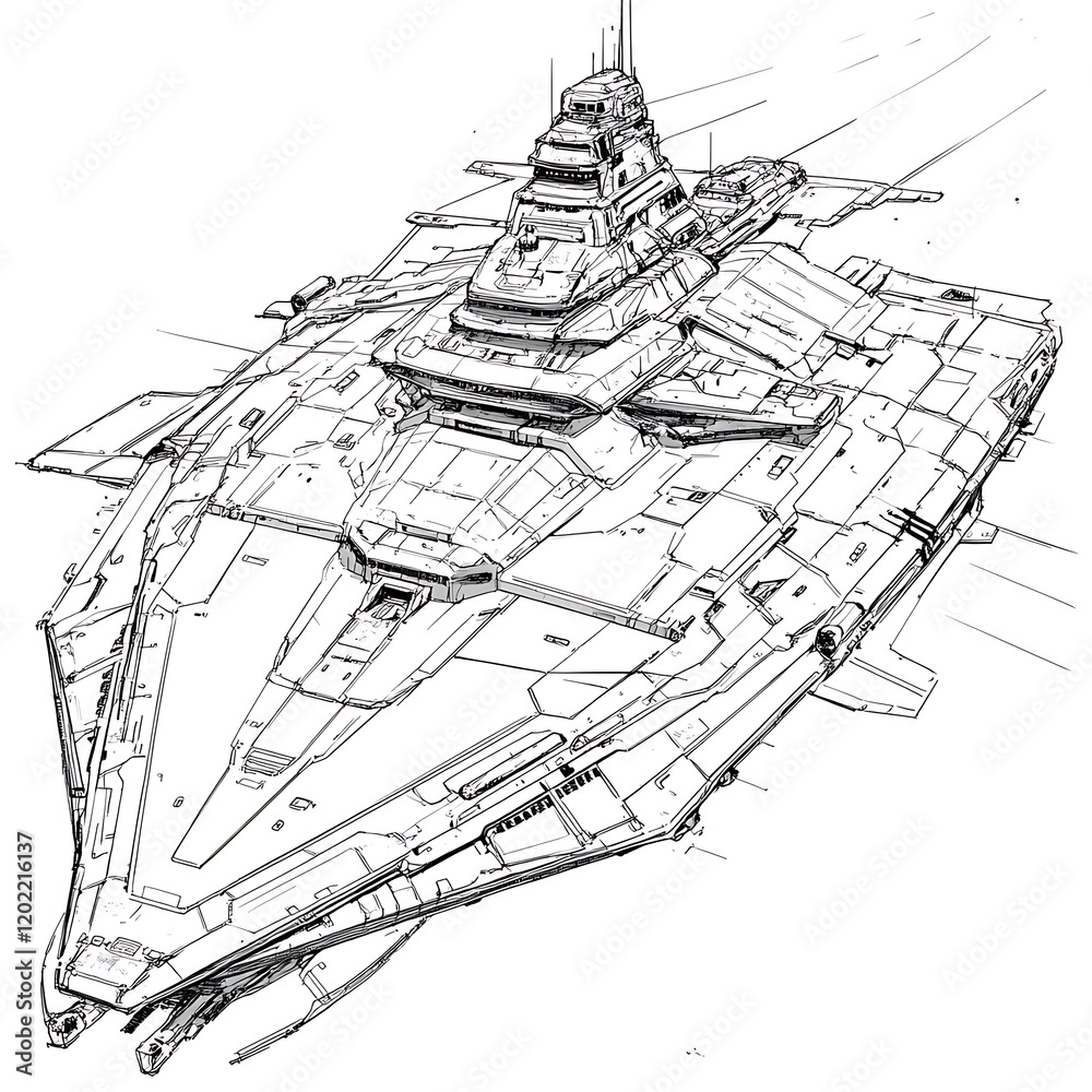 Sci Fi Spaceship Detailed Drawing With Multiple Decks And Towers In A Black And White Sketch Sci Fi Spaceship Detailed Drawing With Multiple Decks And Towers In A Black And White Sketch
