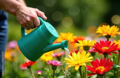 hand watering orange and yellow flowers with a green watering can