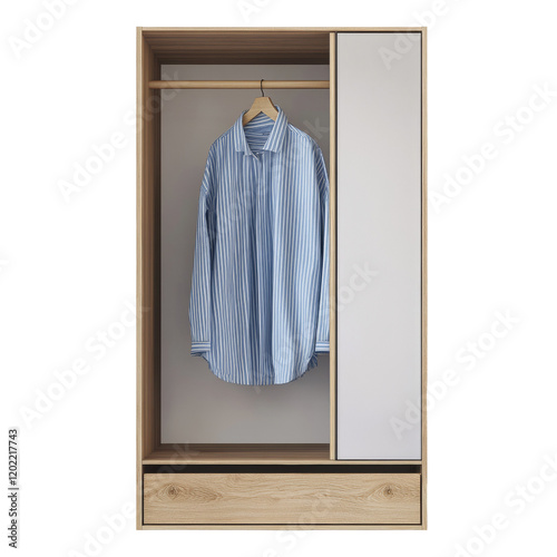 A minimalist wooden wardrobe with a blue and white striped shirt hanging on a wooden hanger.