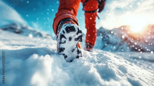 A close-up shot shows a boot stepping across a snow-covered mountain path, encapsulating the essence of adventure and exploration in winter mountain hiking. photo