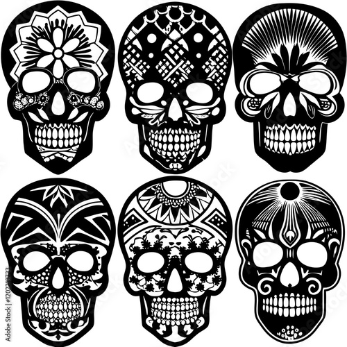 Day of the Dead Sugar Skulls Vector Set - Black and White Decorative Illustration