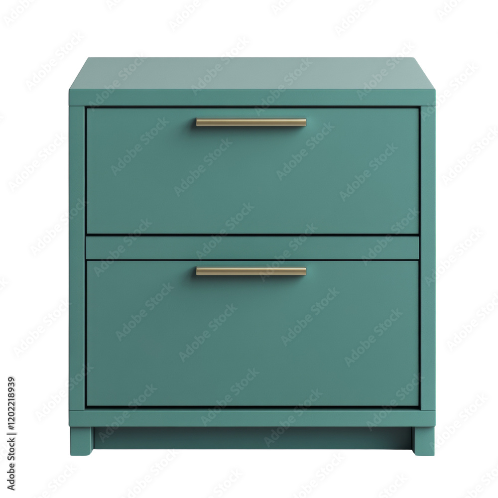 A teal colored two-drawer nightstand with gold handles stands against a white background. A teal colored two-drawer nightstand with gold handles stands against a white background.