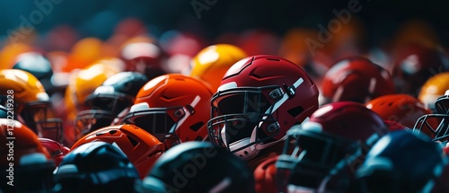 A vibrant collection of various football helmets demonstrates team spirit and competitive energy during a thrilling game. photo