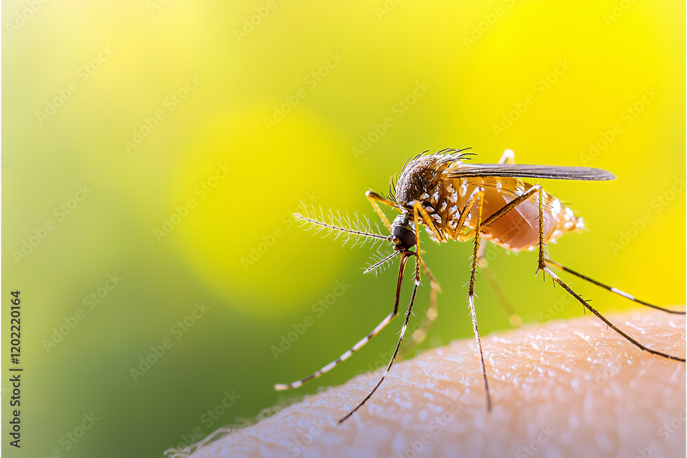Close up of mosquito biting skin, showcasing its detailed features and delicate wings. vibrant background adds sense of nature and life to scene Close up of mosquito biting skin, showcasing its detailed features and delicate wings. vibrant background adds sense of nature and life to scene