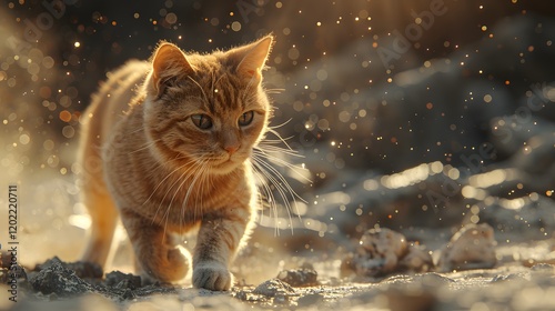 A beautiful yellow cat walking on stony floor