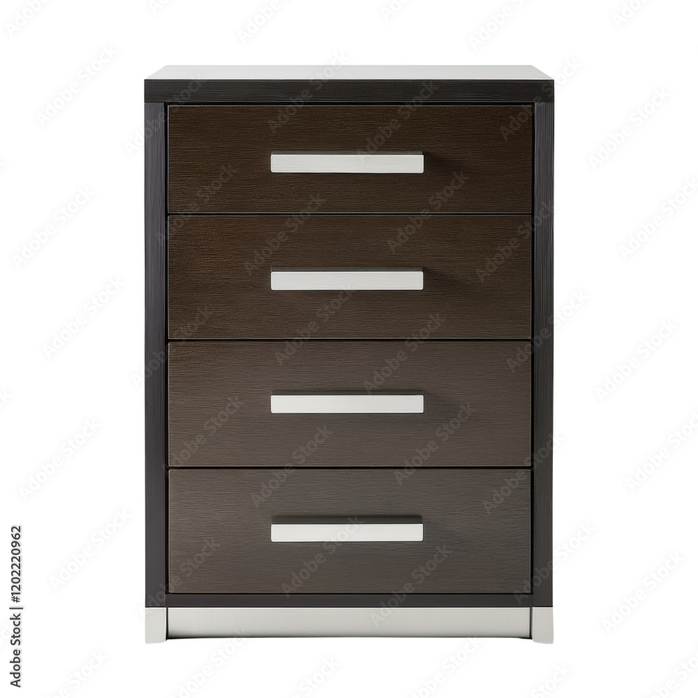 A modern dark brown wooden chest of drawers with four drawers and sleek silver handles. A modern dark brown wooden chest of drawers with four drawers and sleek silver handles.