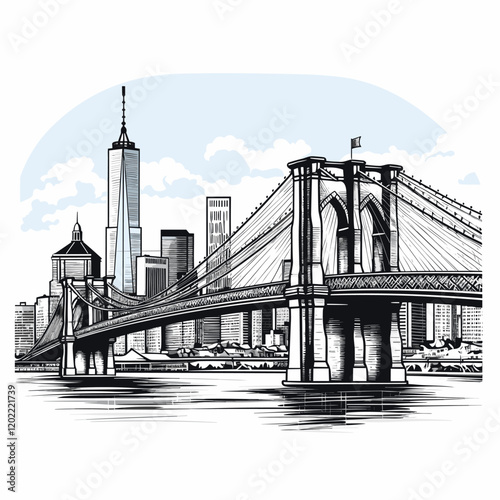Brooklyn Bridge. Brooklyn Bridge hand-drawn comic illustration. Vector doodle style cartoon illustration