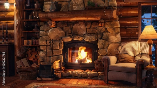 Photos A rustic living room featuring a large stone fireplace with a wooden mantel
