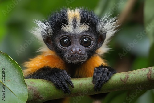 Adorable Golden Lion Tamarin Monkey Baby Clinging to Branch
