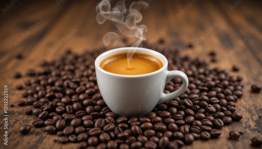 Obraz premium dark brown cup of roasted coffee beans and espresso on a white saucer