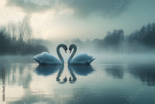 Two swans form heart shape on misty lake. photo