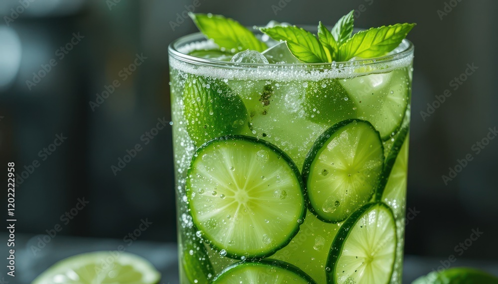 A cool, green mojito cocktail with fresh lime and mint leaves, isolated on a dark backdrop A cool, green mojito cocktail with fresh lime and mint leaves, isolated on a dark backdrop