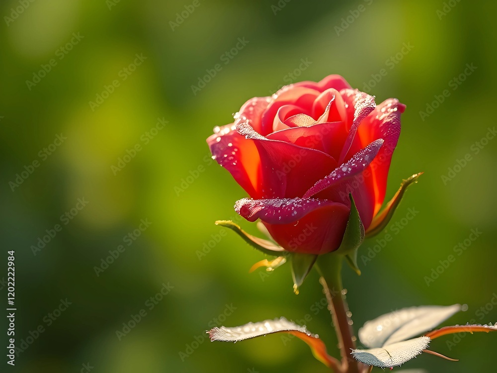 Fototapeta premium Single Red Rose with Dew Drops in Garden