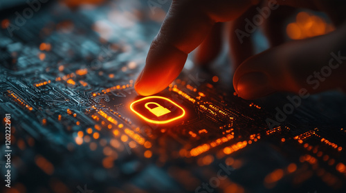 Obraz na płótnie User entering a password on a minimalist interface, glowing lock icon nearby. Bright lighting, contrast w salonie