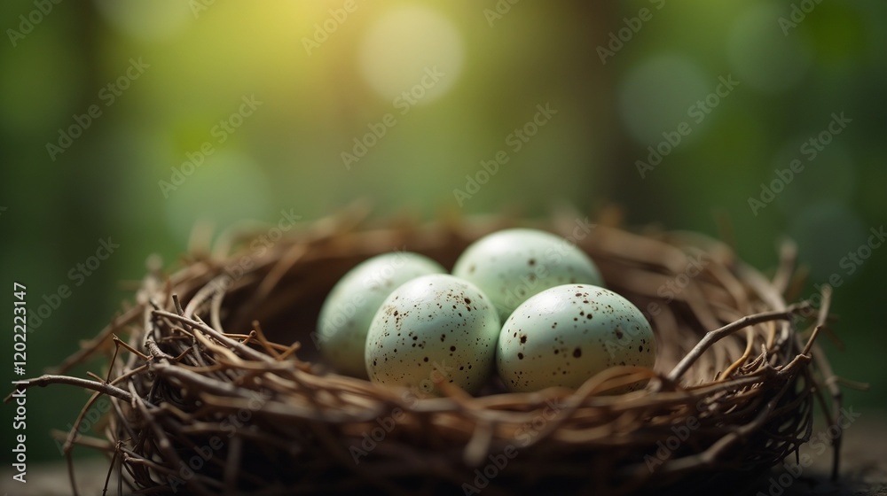 Four speckled eggs nestled in a rustic bird's nest among green foliage at sunrise Four speckled eggs nestled in a rustic bird's nest among green foliage at sunrise