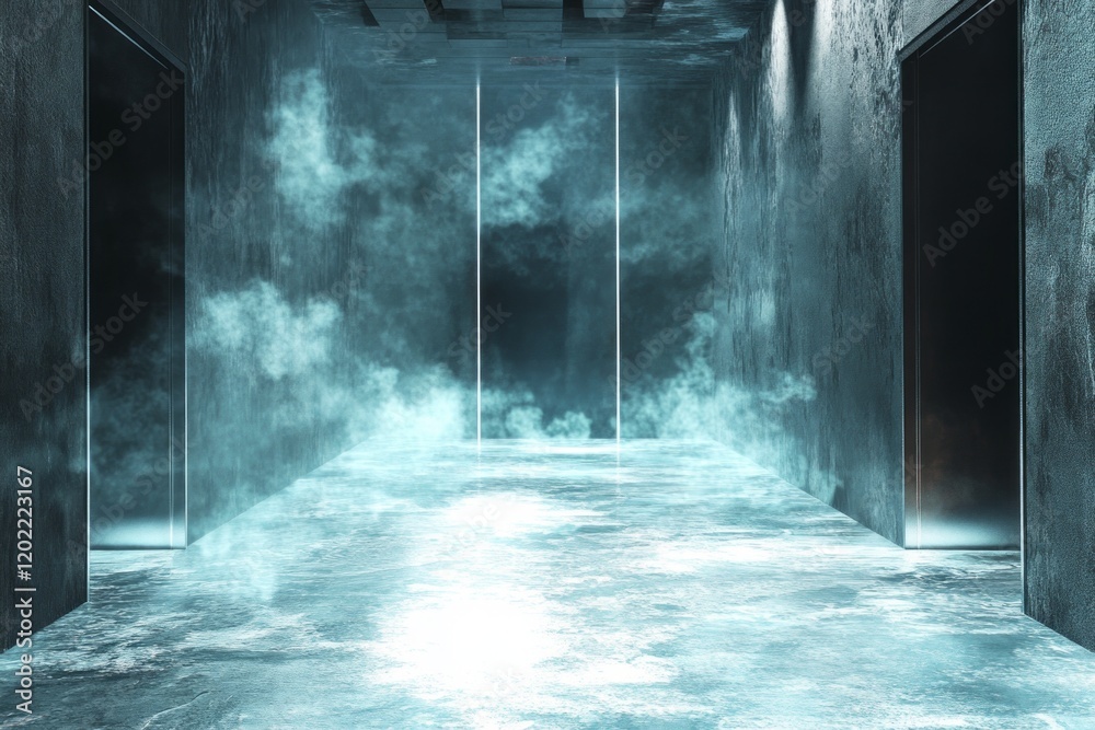 Obraz premium Mysterious Foggy Corridor With Two Dark Doors
