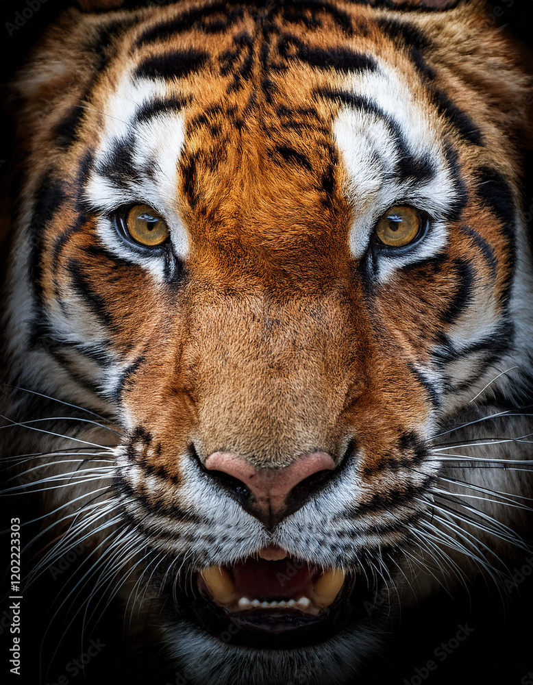 Fototapeta premium Close-up de la cara de un tigre de bengala rugiendo de frente a camara