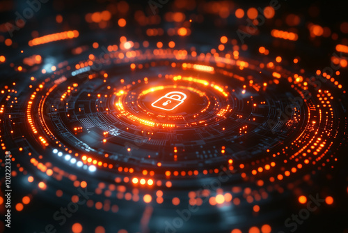 Wallpaper Mural Grid of glowing digital dots with a lock icon in the center, futuristic and sleek. Bright lighting, contrast Torontodigital.ca