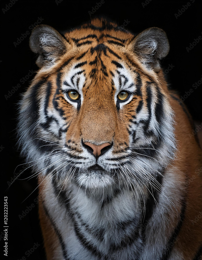 Fototapeta premium Retrato de la cara de un tigre de bengala mirando de frente sobre fondo negro
