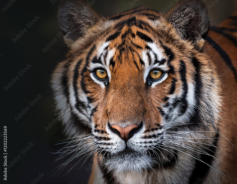 Naklejka premium Retrato de la cara de un tigre de bengala mirando de frente sobre fondo negro