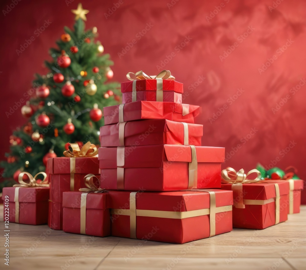 Obraz premium A stack of red Christmas gift boxes with a festive holiday background, colorful presents, stack of red boxes