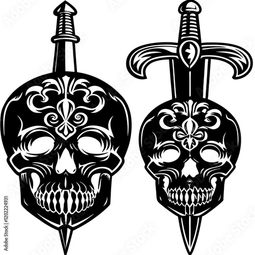 Skull and Dagger Vector Illustration - Black and White Gothic Design