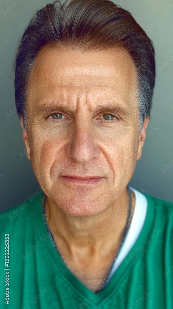 Middle-aged man with calm expression against a soft grey background, showcasing a professional demeanor and natural lighting Middle-aged man with calm expression against a soft grey background, showcasing a professional demeanor and natural lighting