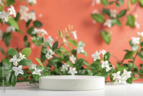 Wallpaper Mural Elegant Display with White Flowers and Green Foliage on Coral Background Torontodigital.ca