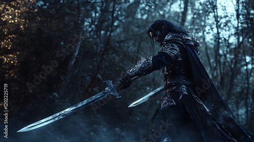 A dark elf warrior with twin swords in a shady forest photo