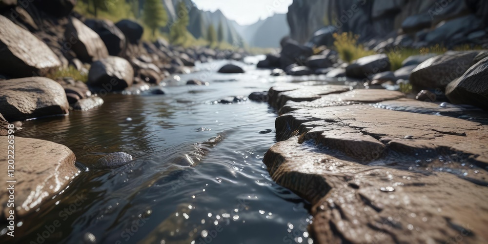 A stream of water flowing over a smooth rock surface, streaming water, water movement A stream of water flowing over a smooth rock surface, streaming water, water movement