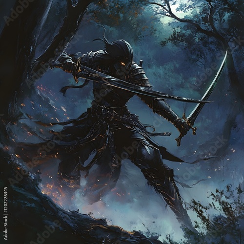 A dark elf warrior with twin swords in a shady forest photo