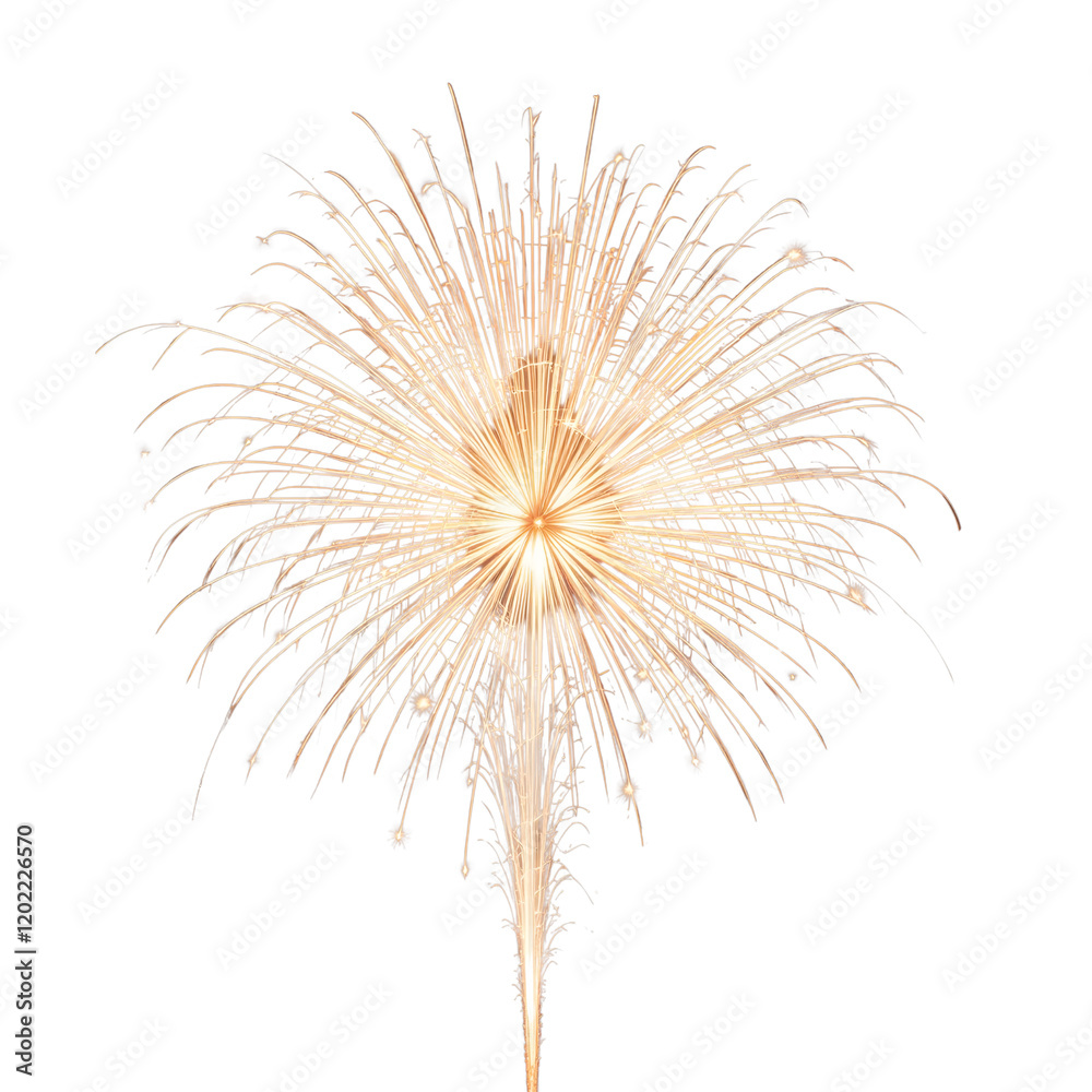 Obraz premium Golden Firework Burst with Radiating Light Streaks On White Background