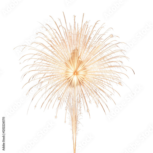 Golden Firework Burst with Radiating Light Streaks On White Background