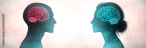 image features male and female silhouette facing each other, each with brain illustration contrasting colors. This representation symbolizes connection between genders and complexity of human