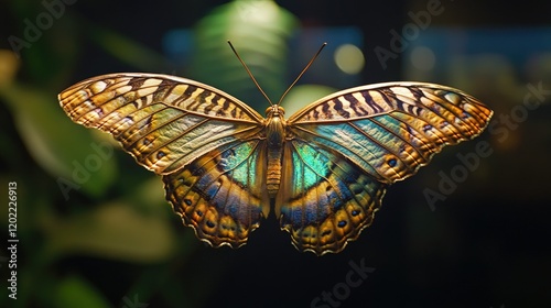 A vibrant butterfly with intricately detailed wings featuring a spectrum of colors including re photo