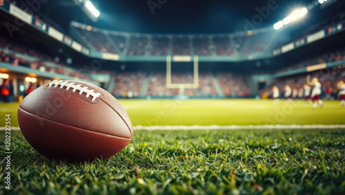 American Football auf einem Spielfeld mit Mannschaft im Hintergrund