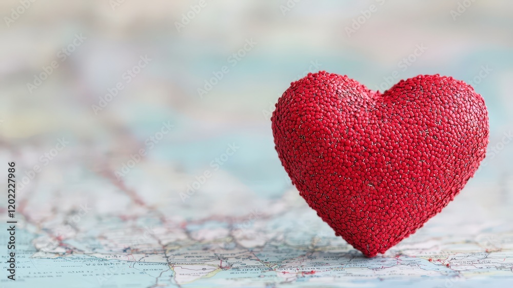 Fototapeta premium Valentine's Day and DIY gifts concept. Red glitter heart on a soft-focus map background, symbolizing love and travel.