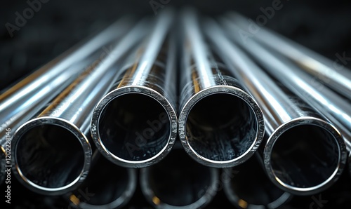 Stack of stainless steel pipes background , metallurgical industry backdrop concept 