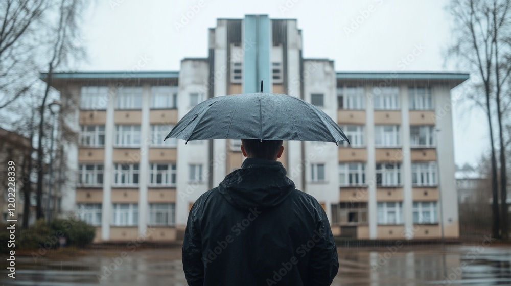 Fototapeta premium Man with umbrella facing building, rainy day