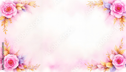 Watercolor pink rose design with golden leaves on soft pastel background leaving space for text