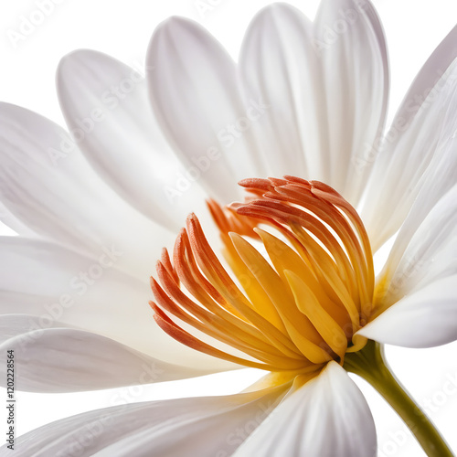 Close-up of White Daisy with Orange Center - Macro Floral Photography White Background
