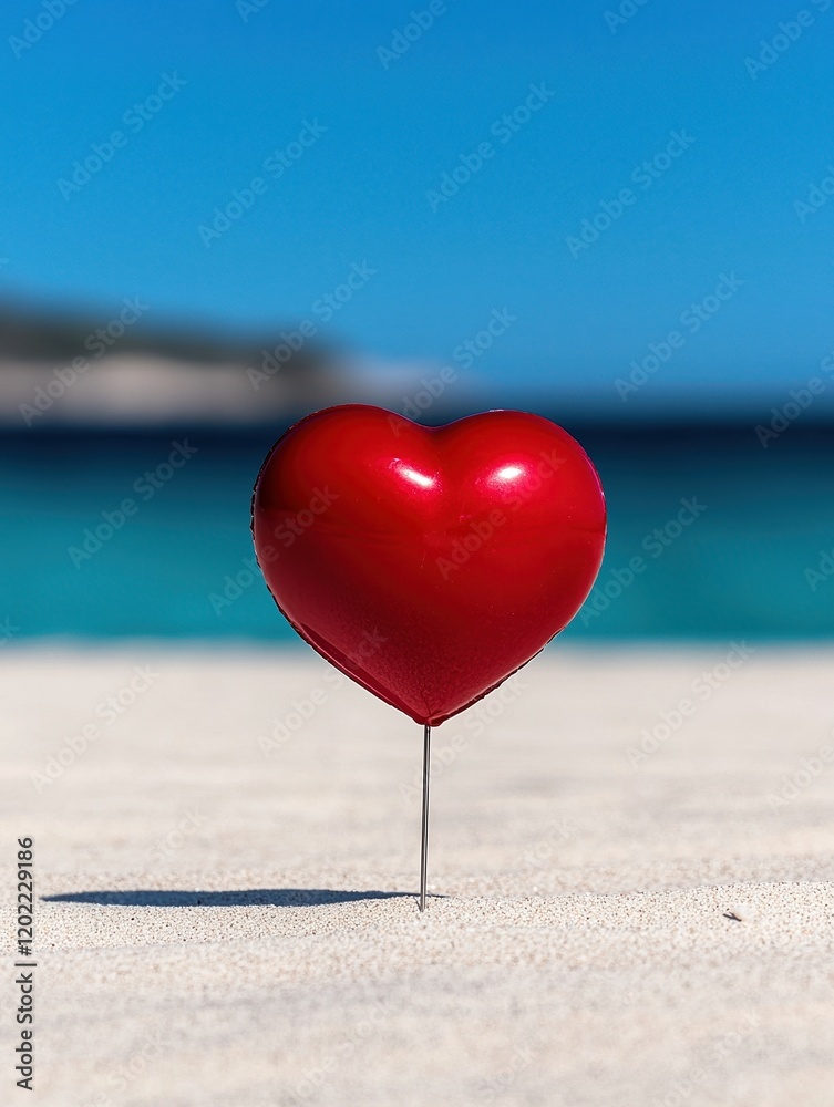 A vibrant red heart rests on pristine sand, symbolizing love by the serene beach. A vibrant red heart rests on pristine sand, symbolizing love by the serene beach.