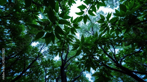 Sunlight filters through green leaves on forest branches against a blue sky