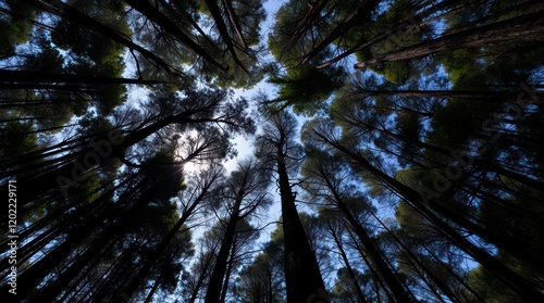 Blue sky with trees and sunlight in a green forest during spring