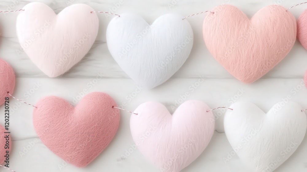 Fototapeta premium Valentine's Day and DIY gifts concept. Colorful felt hearts arranged in a row on a rustic wooden background.
