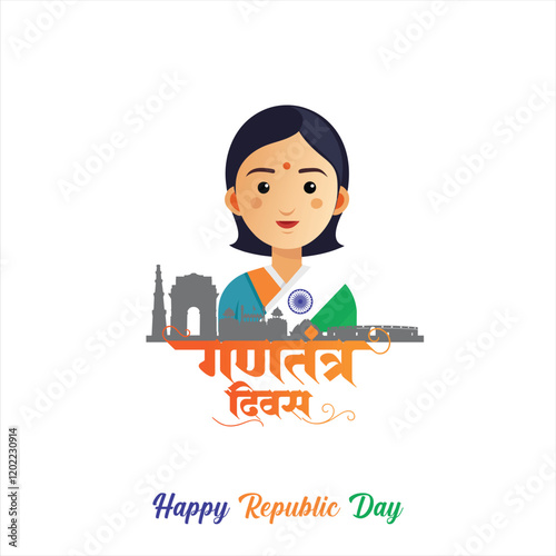 India Republic day. 26 January Indian women tiranga dress. Indian Tricolor flag with India buildings monument. Parade of aircraft, tricolor smoke and india gate munnament