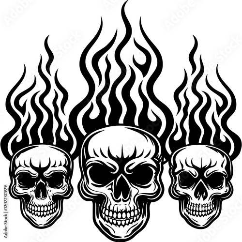 Flaming Skulls Vector Illustration - Black and White Gothic Art